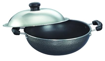Prestige Omega Select Plus Non-Stick Round Base Kadai with Lid, 17cm, Grey