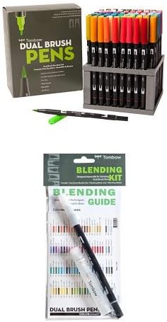 Tombow Dual Brush Pen Art Markers,96 Color Set with Desk Stand and Tombow Blending Kit, Palette, Mister, & Colorless Blender, 1-Pack Bundle