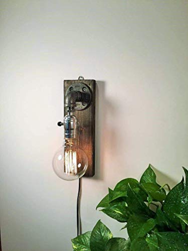 Industrial Steampunk wall sconce pipe lamp with globe Edison bulb and weathered wood base