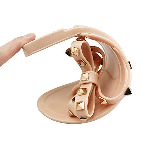 Utop Women’s Rivets Bowtie Flip Flops Jelly Thong Sandal Rubber Flat Slipper Summer Beach Rain Shoes Womens Gold Rivet Studded Bow Jelly Thong Flip Flop Sandals (US7.5=EU39=24.5CM, Beige Pink)
