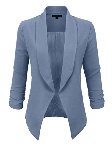 LE3NO Womens Textured 3/4 Sleeve Open Blazer Jacket, L3NWJC1196- LIGHTBLUE, Large