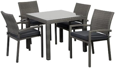 Atlantic Patio Atlantic Liberty 5-Piece Patio Square Dining Table Set with Stackable Armchairs and Grey Cushions Wicker | Ideal for Outdoors