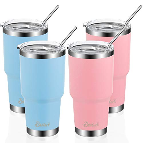 4 Pack 30oz Vacuum Insulated Tumblers, Bastwe Double Wall Stainless Steel Travel Tumblers with Lids and Straws for Home, Office, School, Works Great for Ice Drink, Hot Beverage (Blue + Pink)