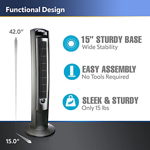 Lasko Oscillating Tower Fan, Remote Control, Timer, 3 Quiet Speeds, for