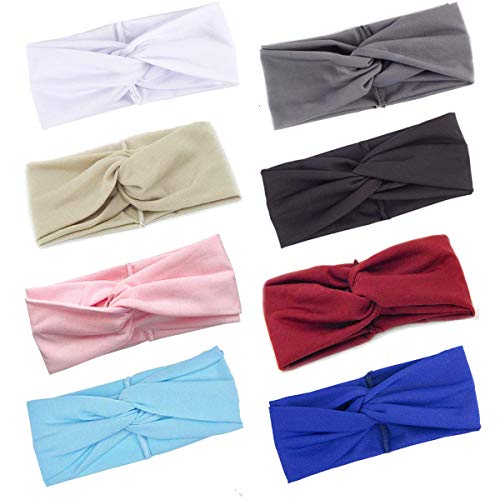 WAINIS 8 Pack Cotton Turban Headbands for Women Wide Twisted Boho Headwrap Yoga Workout Sport Thick Head Hair Bands