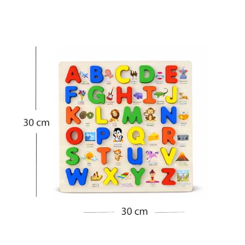 Tabuleiro Alfabeto em Madeira Montessoriano Educativo Brinquedo Pedagógico para Crianças 26 Letras Coloridas com Palavras e Figuras Ilustrativas Bilíngue Português e Inglês