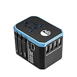 AGS All in One Universal Travel Charger Power Adapter 8 holes socket AC Plug Adaptor with Four 2.4A USB and One 3.0A Type-C For USA EU UK AUS ASIA Cell Phone Laptop and other devices (Blue)