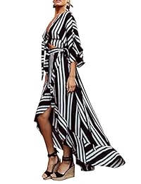 Glamaker - Conjunto de falda de cuello en V con corbata y tirantes para mujer (2 piezas), diseño de rayas