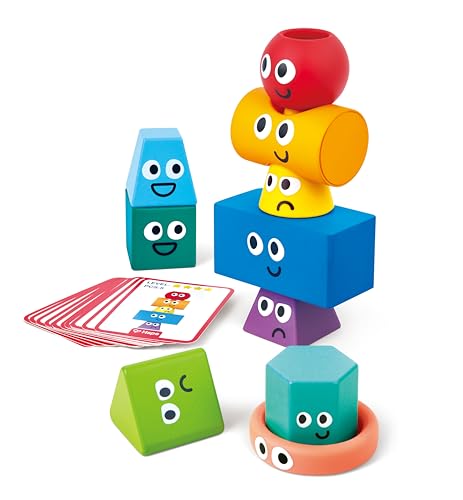 Hape Montessori Stacking Blocks - 10 Pcs Geometric Shapes & 16 Challenge Cards, Multi-Sensory STEM Toy for Toddlers 1-5, Develops Fine Motor Skills & Spatial Thinking, Silicone, Wood & Plastic