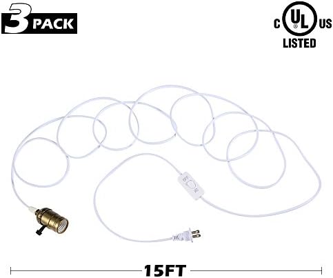 Create Bright 3-Pack of Extension Hanging Lantern Cord Cable 15Ft with E26/E27 Socket,UL Listed On/Off Button 2-Prong AC Power Plugs Pendant lighting bulbs for Living Room,Kitchen and Plant Grow Light