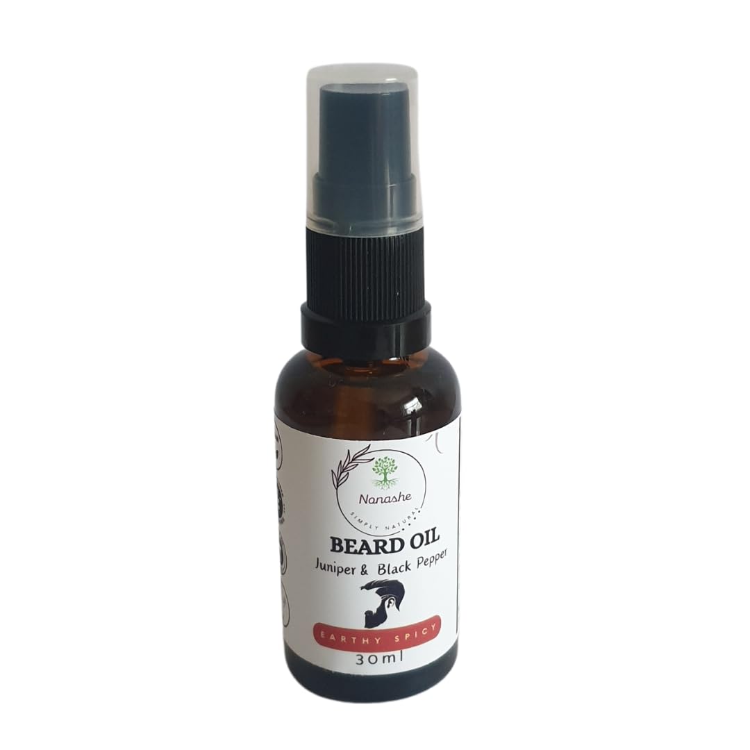 Nonashe Handmade Beard Oil - Argan & Jojoba Oils-Natural Ingredients Blend for Healthy Growth Hydrate, Moisturise, Softens & Strengthens (Earthy Spicy (Juniper Berry & Black Pepper), 30ml)