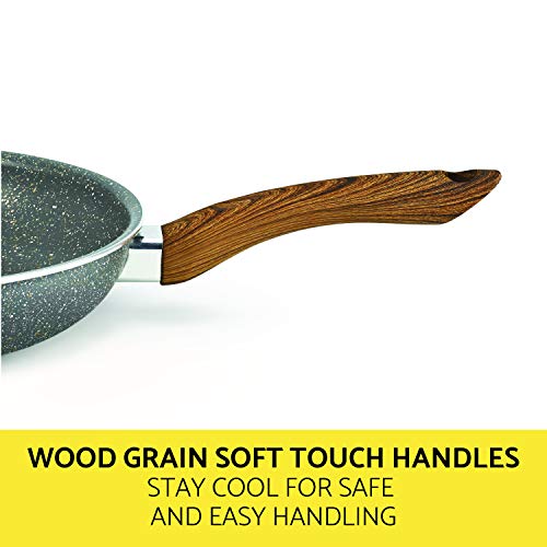 BELLA 12 Piece Wood Grain Pattern Handle Set Nonstick Cookware, Gray