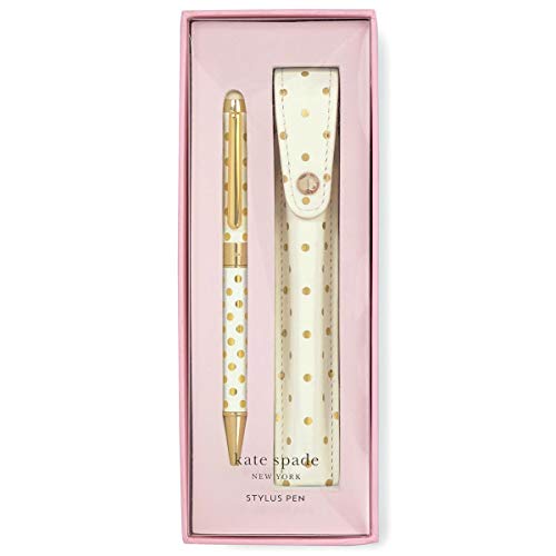 Kate Spade New York Black Ink Ballpoint Pen with Stylus Tip and Storage Pouch, Gold Dots