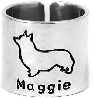 Custom Welsh Corgi Ring, Personalized Hammered Welsh Corgi Ring Dog Lover Gift
