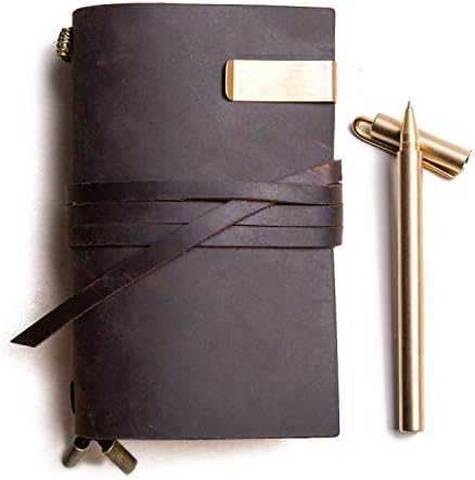 Travel Diary + Copper Pen & Notebooks to Write in, Handmade Journals for Men and Women Refillable Planner,Lined Paper, Retro Accessories (Dark Brown, Middle Size)