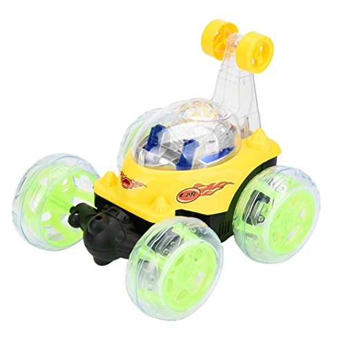 E-SCENERY RC Rolling Stunt Car Toy, Invincible Tornado Twister Remote Control Truck, 360 Degree Spinning and Flips with Color Flash & Music for Kids (Yellow)