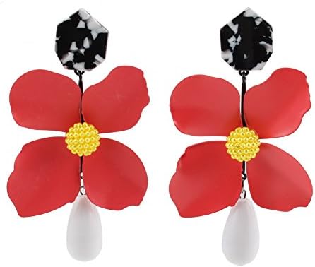 Big Flower Chunky Bead Ball Drop Dangle Earrings for Women White Teardrop Pendant Leaf Paint Metal
