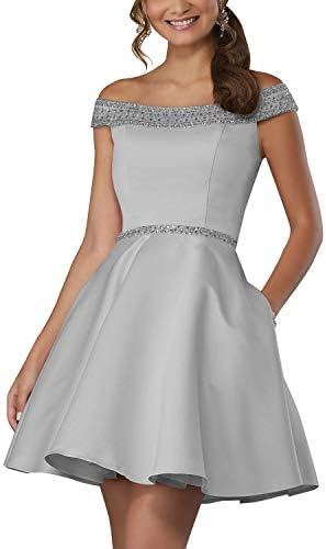 Off Shoulder Homecoming Dresses 2019 Beaded Satin A-line Cocktail Short Prom Gown with Pockets