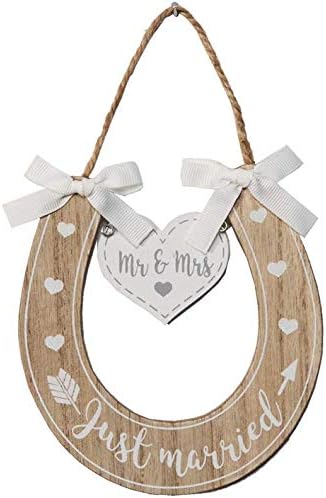 Widdop Bingham Wedding 'Mr & Mrs' 'Just Married' Wooden Horseshoe with Hearts, White