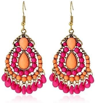 House of Joy - Pink Orange Beaded Tear Drop Dangle Ethnic Festival Earrings