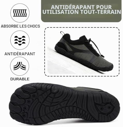 Chaussures de Trail Running Homme Femme Chaussures de Sport Outdoor & Indoor Gym Fitness Randonnée Escalade et Aquatiques Marche Barefoot Chaussures Minimalistes 42EU Noir/Gris