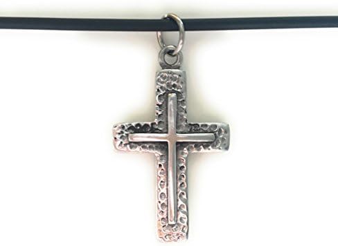 Cross Pewter Pendant + Black PVC 18 Inch 2mm. Necklace Lobster Clap Lock