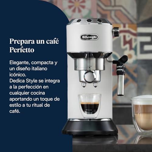 De'longhi dedica - cafeteira com bomba de aço inoxidável para café moído ou cafeteira de dose única, cafeteira expresso e cappuccino, tanque de 1,3 litros, sistema anti-gotejamento, ec685.w, branco