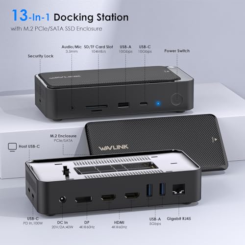 WAVLINK Triple Display Dock, 13-in-1 Type-C 10Gbps Hub with M.2 PCIe/SATA SSD Enclosure, Support 100W PD, 4K@60Hz HDMI/DP, USB C/USB-A Gen 3.2/3.1, SD/TF, Gigabit RJ45 for Windows, Mac OS