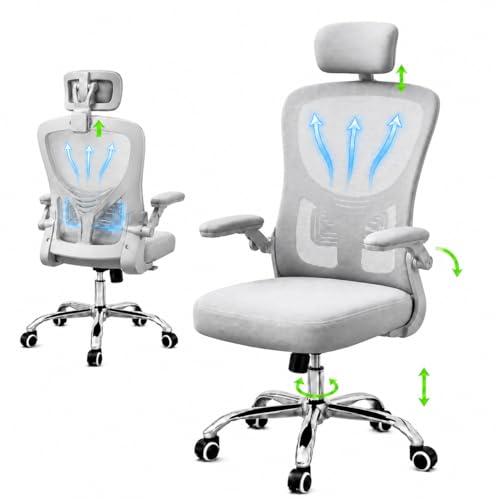 Laruno Cadeira de Escritório Ergonômica Premium NR17 Cinza Giratória Reclinável 145 Graus com Suporte Lombar Encosto Mesh Respirável Cadeira Gamer com Regulagem de Altura e Rodinhas Suporta até 120kg