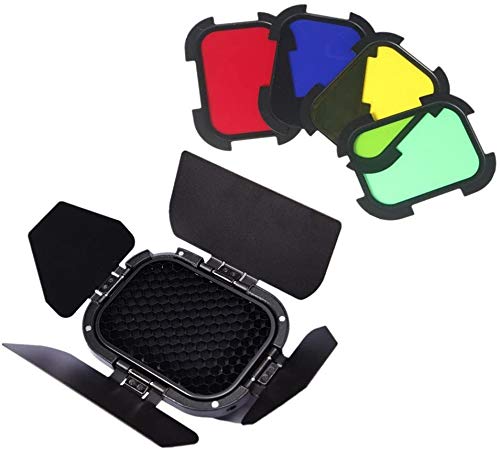 GODOX BD-07 Dedicated Barn Door with Honeycomb Grid and 4 Colour Gel Filters (Yellow, Green, Red, Blue) AD200 | AD200Pro Pocket Speedlite Fresnel Flash Head