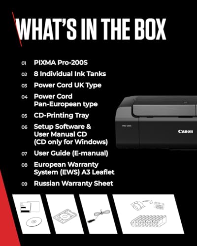 Canon PIXMA PRO-200S Printer - Vibrant Colour Printing, Versatile Media Handling, A3+ Size - 8-Colour Dye-based Ink - 2 Paper Feeds, 1 Multi-Purpose Tray - Easy to Use