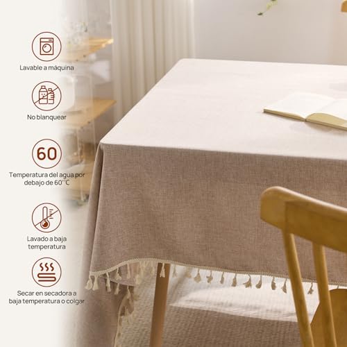 JoalGfda Mantel de Lino Impermeable al Aceite y Resistente a Las Manchas, Estilo Borla, Adecuado para la decoración de la Mesa Familiar Fiesta de Vacaciones etc (Color té lechoso)