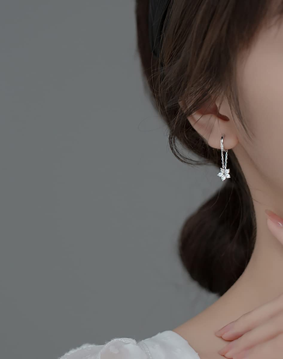 Reffeer 925 Sterling Silver Flower Chain Drop Earrings Hoop for Women Teens Huggie Hoop Dangle Earrings Chain