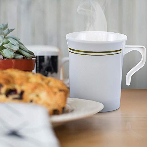 8 oz. Plastic Coffee Cup with Handle White Gold Rim Disposable Tea