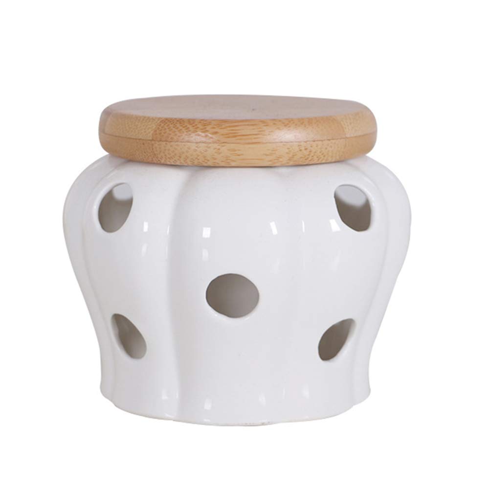 BESTonZON Garlic Keeper for Counter, Garlic Keeper Garlic Storage Garlic Holder with Wooden Lid, White Garlic Jar Garlic Storage Container to Keep Your Garlic Cloves Fresh Longer