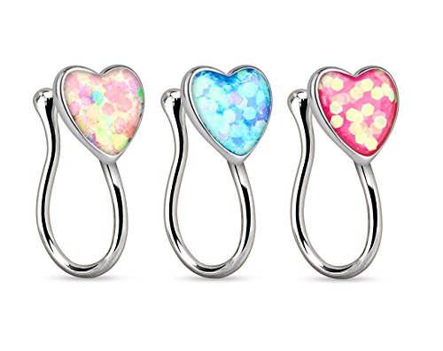 Set of 3 opal glitter heart non-piercing nose clips