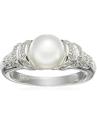 Platinum Plated Sterling Silver Cubic Zirconia Freshwater Cultured Pearl Ring