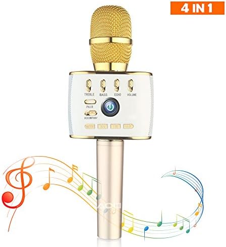 AOCI Wireless Microphone Karaoke Pro 4 IN 1 Record Pair Loudspeaker box Bluetooth Aluminium Alloy Karaoke Machine KTV for Apple iPhone Android Smartphone or Pc 2200mA (Light Gold)