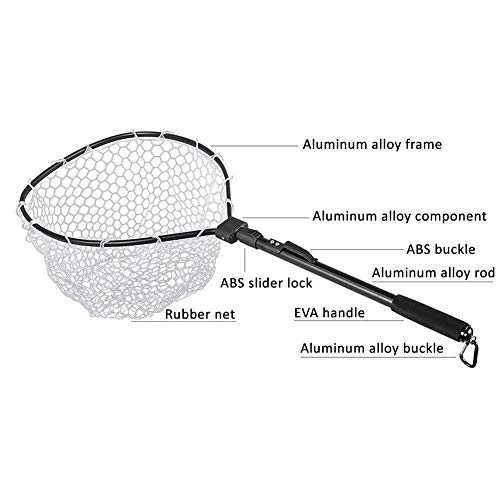 Ultra Lightweight Fish Landing Net,Black Aluminum Alloy Fast Folding Fly Fishing Net Soft Rubber Mesh Catch Release Net - Thumbnail 7