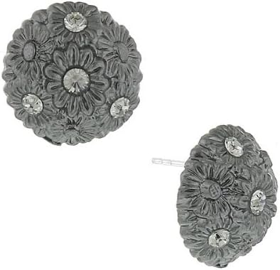 Hematite-Tone and Crystal Flower Button Earrings