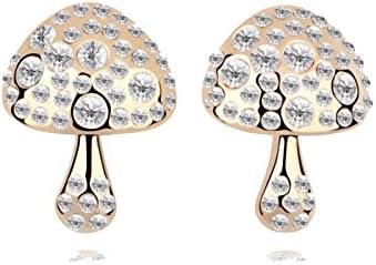 Women Fashion Stud Earrings Girl Alloy Champagne Golden White Crystal Clear Little Mushroom