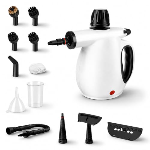 Limpiador a Vapor de Mano, Limpiador Vapor Portátil Multiusos con 12 Accesorios, Steam Cleaner de Alta Temperatura para Cocina, Baño, Sofa, Alfombras, Ventana, Suelos e Interior de Coche (Blanco)