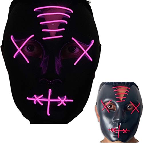 SHATCHI Light Up LED Stitched Purge Scary Flashing Colourful Rave Full Face Silver Mask Cosplay Glow for Halloween Bonfire Guy Night Festival Costume Party Decorations Dress Up, Pink Lights
