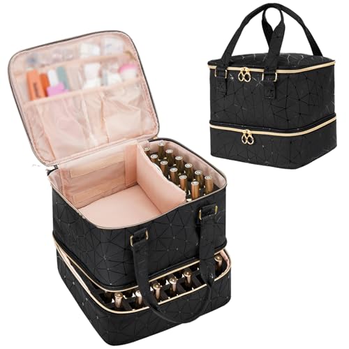 Uross Nagellack Organizer für 54 Nagellackflaschen und 1 LED-Nagellampe, Nagellack Aufbewahrung Tasche für Nageldesign Zubehör(Schwarz