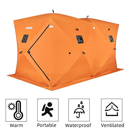 PEXMOR Ice Fishing Shelter, Pop-up Hub-Style for 8 Person, w/Portable Carrying Bag, Detachable Ventilated Windows, Zippered Door, Waterproof Oxford Fabric (Orange for 8-9 Person)