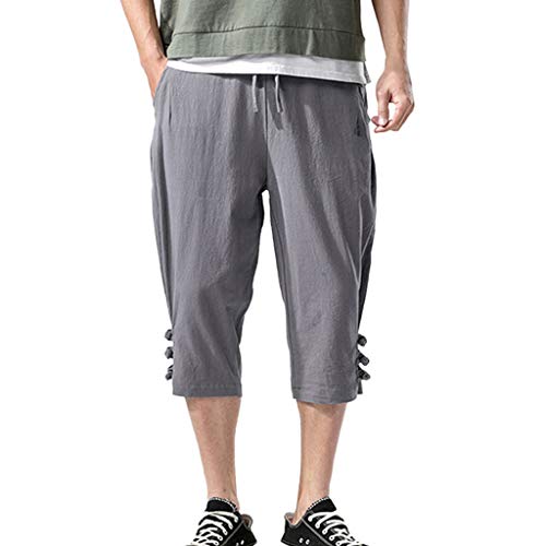 ZEFOTIM Pants for Men Fashion Summer Casual Solid Drawstring Cotton Linen 3/4 Pants Trousers(Gray,Medium)