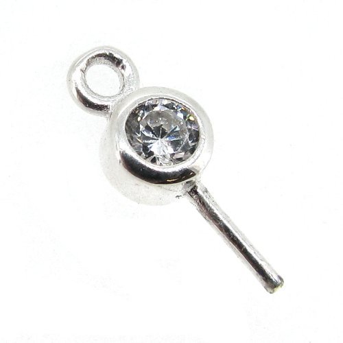 2 pcs .925 Sterling Silver Pearl Pendant Connector Bail Eye Pin With 4mm Cz Crystal f/Half Drill Pearl/Stone