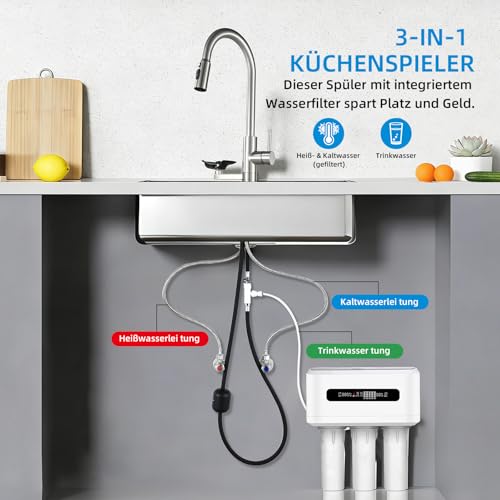 Mynaiad 3-Way Kitchen Tap with Removable Dual Outlet Water Filter, 360° Rotation, Kitchen Sink Tap, Kitchen Mixer, Brushed 304 Stainless Steel