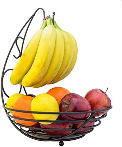 Premium Heavy-Duty Metal Fruit Bowl Basket with Banana Hanger, Color Bronze