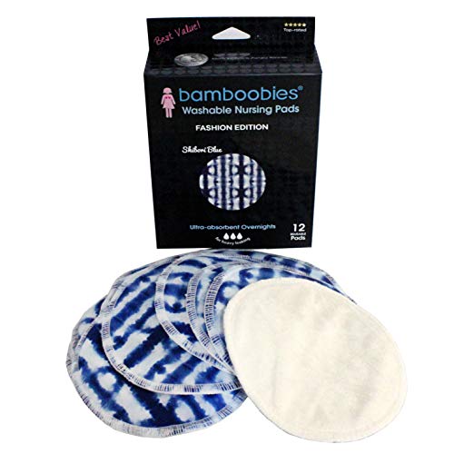 Bamboobies Washable Reusable Overnight Nursing Pads with Leak-Proof Backing for Breastfeeding, Shibori Blue, Ultra Absorbent, 12 Count